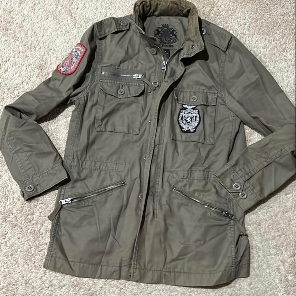 Express Men’s Olive Green Military style Canvas jacket with hidden zippered hood